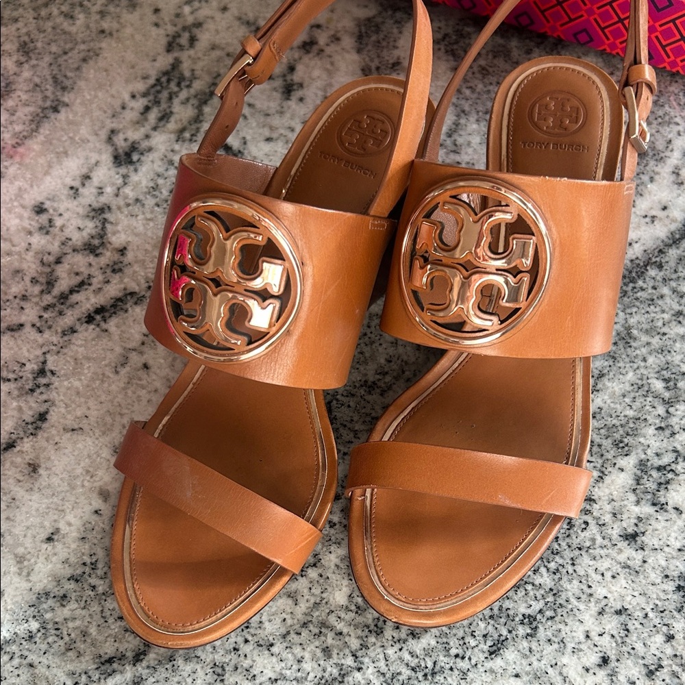 Tory Burch Cognac Leather Logo Slingback Sandals
